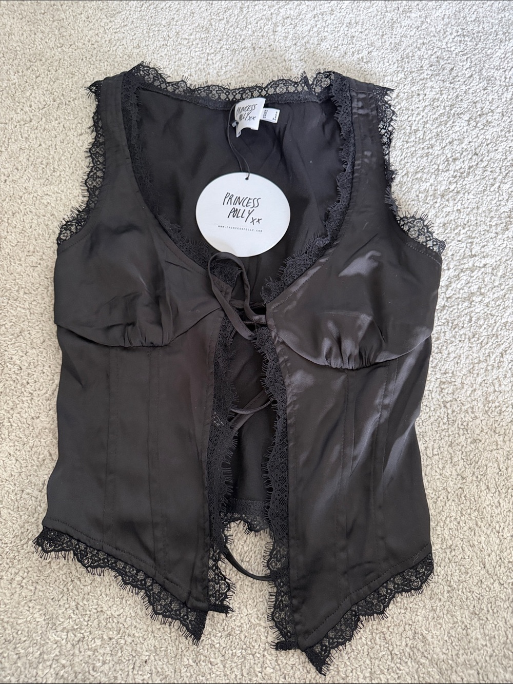 Princess Polly Black Satin Lace-Trim Lace-Up Bustier